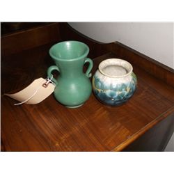 2 Decorative  Pottery Vases one matte green Pfaltzgraff Pennsylvania art pottery handled vase. Appro