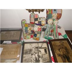 5-Vintage Hunting Pictures,4 quilted dolls & cloth 3 Unframed Pictures of Deer Hunters with Guns and
