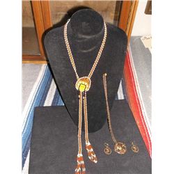 Copper Necklace & Earrings & A Beaded Necklace Indian Motif Bolo Tie or Necklace  Hand beaded Jewelr