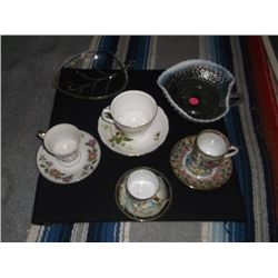 Fenton Opalescent Candy Dish With Handle, Royal Vale Tea Cup & Saucer rose pattern bone China made i