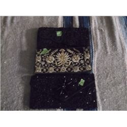 3 Vintage Black Clutch Purses One is made in India black satin with metallic thread embroidery flowe