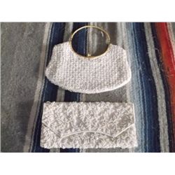 2 Vintage White Beaded Purses One has a curved gold tone metal handle with pearl beads approx. 11" x