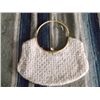 Image 2 : 2 Vintage White Beaded Purses One has a curved gold tone metal handle with pearl beads approx. 11" x