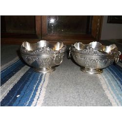 2 Ornate Silver Plated Candy Dishes Both have handles and marked DS on the bottoms approx 5" round