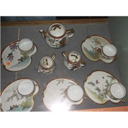 Hand Painted Porcelain Oriental Sandwich Set 5 sandwich plates & cups, creamer & sugar, lidded teapo