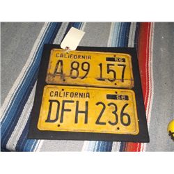 2 1956 California Yellow License Plates Both have yellow Back Ground with Black Letters and Numbers