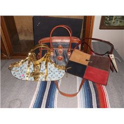3 Reproduction Purses One is a Reproduction Gucci Leather Bag brown/tan/red & black approx 12" long 