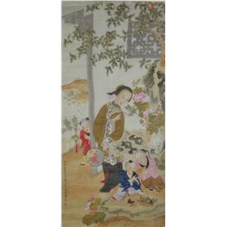 Chinese Watercolour Painting Silk: Girl & 3 Boys