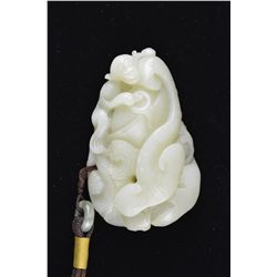 Chinese Carved White Jade Pendant of Monkey