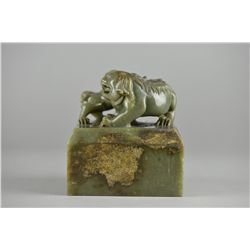Chinese Carved Spinach Green Jade Lion Seal