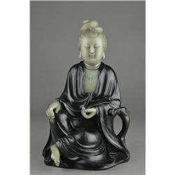 Chinese Carved Zitan & Jade Figure of Guanyin