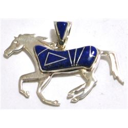 Navajo Lapis Lazuli Galloping Horse Sterling Silver Pendant - Calvin Begay