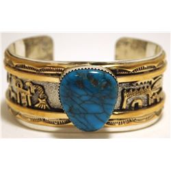 Old Pawn Navajo Turquoise 12k Gold Fill Sterling Silver Storyteller Cuff Bracelet - Roger Nelson