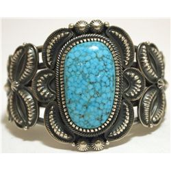 Navajo Spider Web Kingman Turquoise Sterling Silver Cuff Bracelet - Kirk Smith