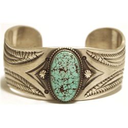 Old Pawn Navajo Spider Web #8 Turquoise Sterling Silver Cuff Bracelet - Calvin Martinez