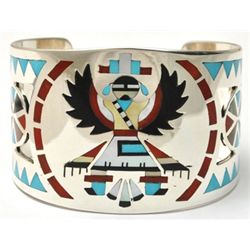 Zuni Multi-Stone Inlay Knifewing Kachina Sterling Silver Cuff Bracelet - Dennis & Nancy Edaakie