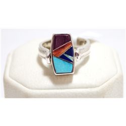 Navajo Reversible Spinner Multi-Stone Inlay Sterling Silver Women's Ring - Calvin Begay