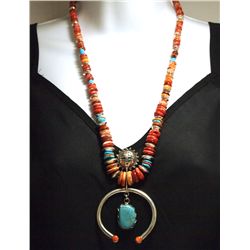 Navajo Spiny Oyster & Turquoise Sterling Silver Necklace - Heidi MC