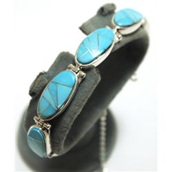 Navajo Turquoise Inlay Sterling Silver Link Bracelet - Calvin Begay