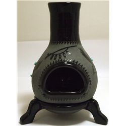 San Juan Pueblo Black Pottery Kiln/Oven Candleholder with Eagles & Turquoise - Marie Adelcia