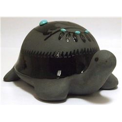 San Juan Pueblo Black Pottery Turtle with Bear & Turquoise on Top - Marie Adelcia