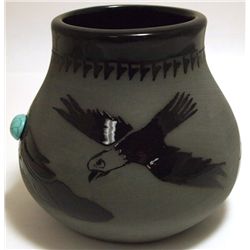 San Juan Pueblo Black Pottery Eagle & Feathers with Turquoise - Marie Adelcia