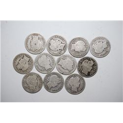 1900-1910 Barber One Dime; Consecutive Years; Lot of 11; Various Mint Marks; EST. $30-40