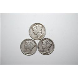 1939, 1939-D & 1939-S Mercury One Dime; Lot of 3; EST. $10-20