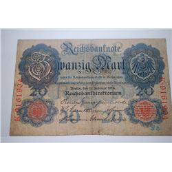 1914 German 20 Zwanzig Mark Foreign Bank Note; EST. $3-5