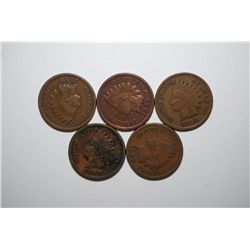 1895-1899 Indian Head One Cent; Consecutive Years; Lot of 5; EST. $5-15