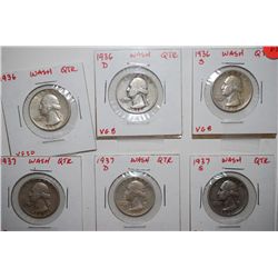 1936 (VF20), 1936-D (VG8), 1936-S (VG8), 1937 (F12), 1937-D (F12) & 1937-S (F12) Washington Quarter 