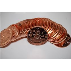 Christmas Copper Round  Frosty The Snowman ; .999 Fine Copper 1 Oz.; Roll Lot of 20; EST. $30-50