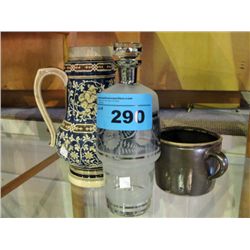 2 vintage pottery pieces and a glass liqour