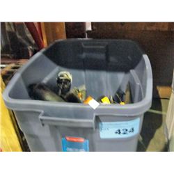 Blue rubbermaid container of tools hardware