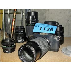 Cannon T70 35mm film camera with 5 lenses