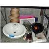Image 1 : Shelf lot of misc items; helmet, bathroom sink,