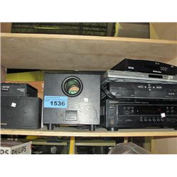 Shelf lot of assorted home audio video components