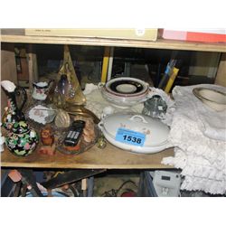 shelf lot of collectables and household items
