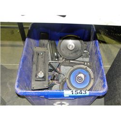 Blue bin of assorted car stereos, speakers, amps