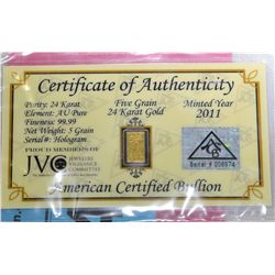 .999 Solid Gold Certified bar