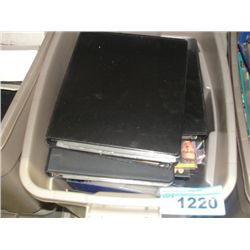 Rubbermaid storage bin filled with assorted