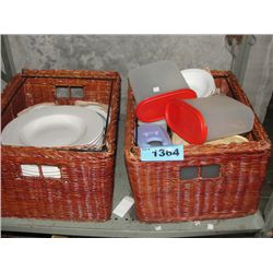 2 wicker baskets of assorted dinnerware, tupper