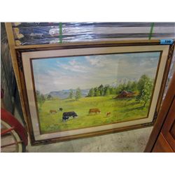 Framed original oil on canvas cows in the pasture