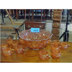 13pc orange carnival glass punch bowl set