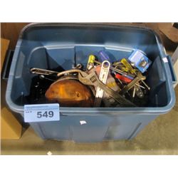 BLue container filled with assorted hand tools
