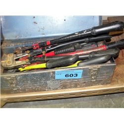 Blue metal tool box filled with assorted bolt cutters