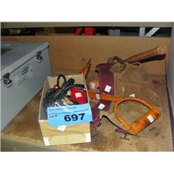 Lot of assorted tools, carpenters belt, lifting hook and misc tools