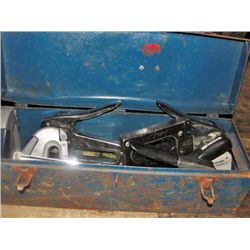 Blue metal toolbox filled with assorted staplers