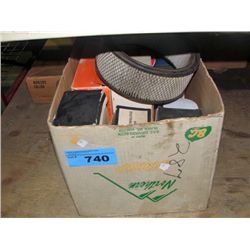 Box of assorted automotive maintenance items; filters etc