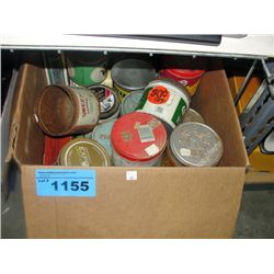 Box filled with vintage collectable tobacco tins